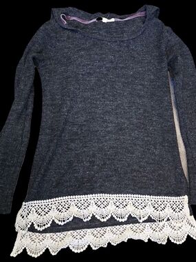 Rewind Dark Gray Crewneck Sweater with Cream Lace Trim